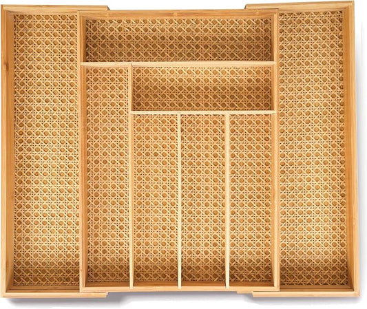 Bamboo & Rattan Expandable Drawer Organizer – Rustic Wood Utensil Holder, Cutlery Tray for Kitchen & Office – Adjustable Width 13" to 22", Size 13"x18"x2.6"