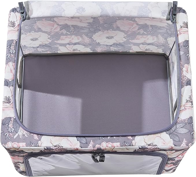 Periea 'Beau' Foldable Stackable Fabric Home Storage Boxes with Steel Frames - Set of 2 (Floral Grey, Small)