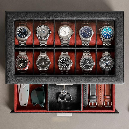 ROTHWELL 10-Slot Watch Box in Leather with Valet Drawer, Luxury Watch Case Display Organizer with Ultra Soft Microsuede Liner, Jewelry and Sunglass Holder With Large Glass top (Black/Red)