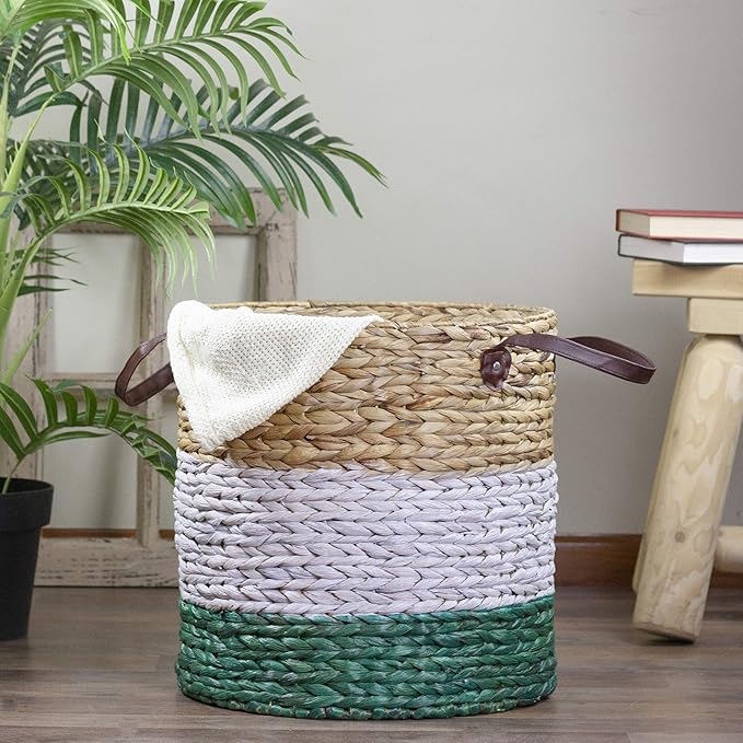 16" Beige White and Teal Braided Wicker Basket with Handles