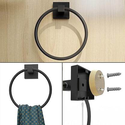 Ruacq Matte Black Toilet Paper Holder Towel Ring Bathroom Accessories Hardware Set Double Post Pivoting Toilet Roll Holder Square Stainless Steel and Zinc Alloy Modern Wall Mounted 2 Pieces