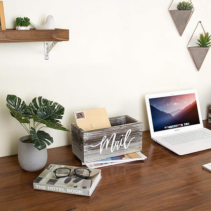 MyGift Mail Holder Storage Organizer Box Torched Wood with MAIL Script Design, Desktop Letters, Bills, Notes and Postcard Bin for Home Office Dorm Room