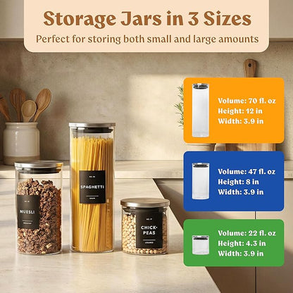 Glass Storage Containers with Stainless Steel Lids [Extra Thick Glas] with 54 Labels - Canister For Pantry Noodles Flour Cereal Rice Sugar Tea Coffee Beans - Round Set of 5x