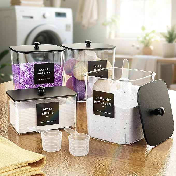 4 Pack Laundry Pods Container, Clear Laundry Room Organization Containers,Large Laundry Detergent Powder Storage Containers Black Wooden Lids & Labels, Acrylic Laundry Pods Holder for Scent Booster