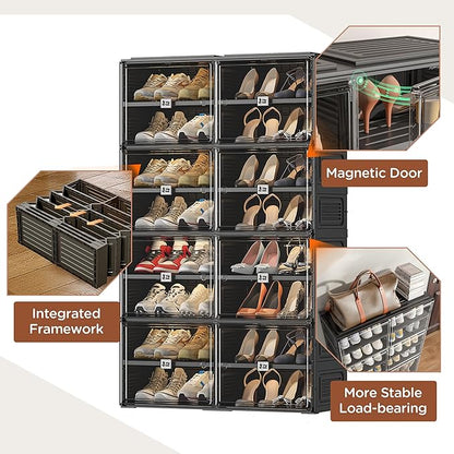 Vipbox Black Shoe Rack Organizer Cabinet for Closet Entryway,Clear Shoe Storage Boxes Stackable Sneaker Storage with Door Easy Assembly Shoe Cabinet with Lids Large 8 Tiers 32 Pairs