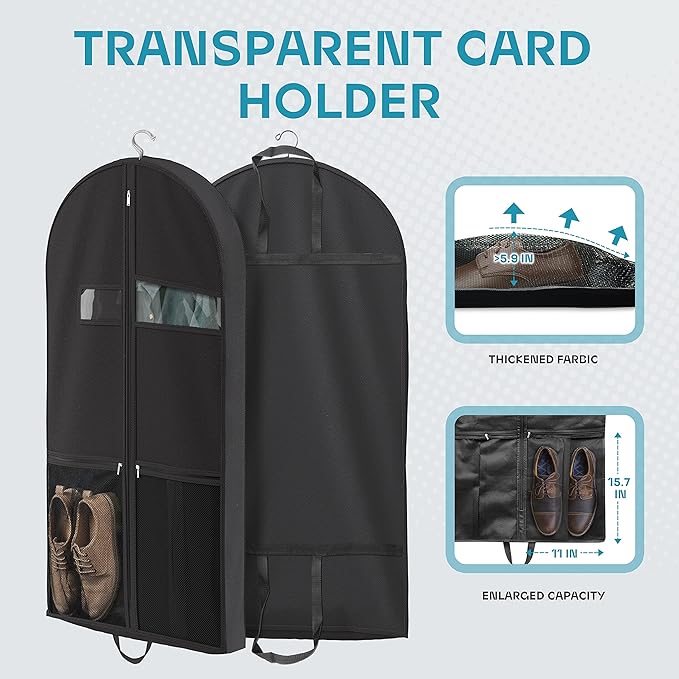 43" Travel Garment Bag with Accessories Zipper Pocket, Heavy Duty Suit Bag for Suits, Tuxedos, Dresses, Coats, Black, 1 pack