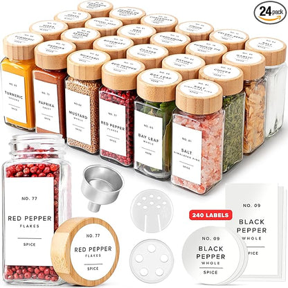 Square Spice Jars with Bamboo Wooden Lid (Pack of 24) Spice Jars with Shaker Insert and 240 Labels - Bamboo Lid Glass Container for Spice Organisation [4.3 in × 1.8 in]
