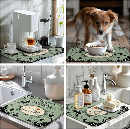 Wnoesat Happy Halloween Dish Drying Mat for Kitchen Counter 16x18 Skull Pumpkin Witch Spider Web Bat Ghost Drying Mats Green Black Absorbent Microfiber Dish Drainer Rack Pad for Coffee Bar
