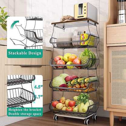 SAYZH Fruit Basket Kitchen Pantry Organizers and Storage - Wooden Top Table, Stackable Metal Wire Basket Stand Cart for Fruit Vegetable Snacks Onion Potato Organization, Black