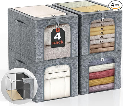GoMaihe Clothes Storage Bin with Metal Frame: 4-Pack Stackable Closet Storage Bin with Lid & Clear Window, Sweater Boxes Storage for Closet Clothing Bedding Storage Organizer 40L