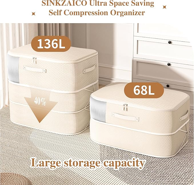 Compression Storage Bags for Bedding, 68L*2PCS Ultra Space Saving Self Compression Organizer with Transparent Window, Used for Storing Comfortable Blankets,Bedding,Pillows,Clothes (Blue 21x16x11 in)