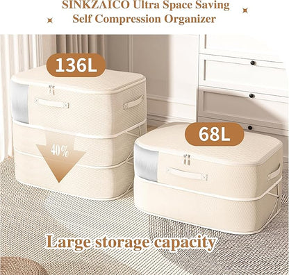 Compression Storage Bags for Bedding, 68L*2PCS Ultra Space Saving Self Compression Organizer with Transparent Window, Used for Storing Comfortable Blankets,Bedding,Pillows,Clothes (Blue 21x16x11 in)