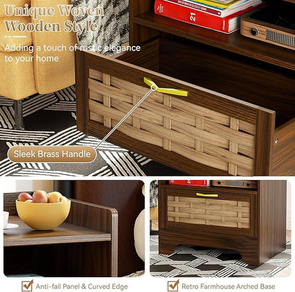 HOCAT 24" Rattan Nightstand with Storage Drawer, Walnut Bedside Table with Semi Open Cubby, Boho Night Stand with Farmhouse Arched Base for Bedroom, Side Table, End Table for Dorm