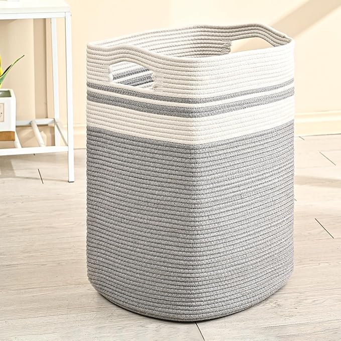 78L Laundry Hamper, Woven Rope Tall Laundry Basket with Handles, Decorative Blanket Basket for Bedroom, Bathroom, Collapsible Baskets for Toys, Clothes, 16”x14”x22”, White & Grey