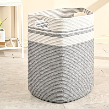 78L Laundry Hamper, Woven Rope Tall Laundry Basket with Handles, Decorative Blanket Basket for Bedroom, Bathroom, Collapsible Baskets for Toys, Clothes, 16”x14”x22”, White & Grey