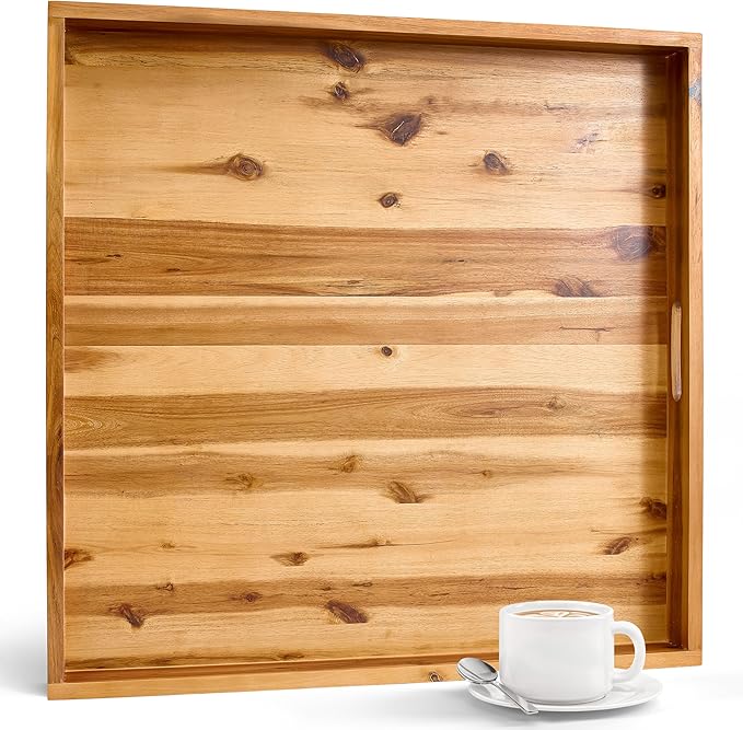 24 x 24 inch Acacia Wood Square Ottoman Tray – Large Wooden Tray for Ottoman, Extra Large Ottoman Tray for Living Room, Coffee Table & Decorative Use (Acacia Color)