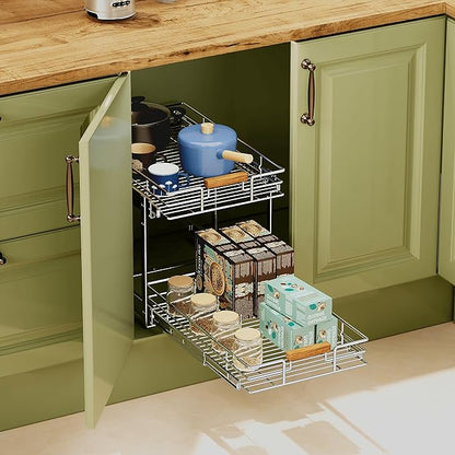 Pull Out Cabinet Organizer(11" W x 21" D), 2 Tier Wire Basket Slide Out Shelf Storage with Wood Handle, Pull Shelf Drawers for 12-1/4” Cabinet Opening, Chrome