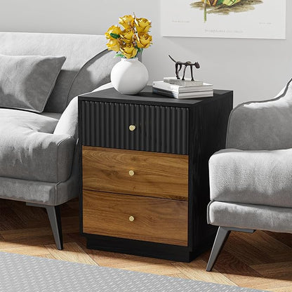 23.6" Tall Night Stand with 3 Storage Drawers, Fluted Nightstand with Metal Handles, Modern End Table Bedside Table Chest for Bedroom, Black and Walnut