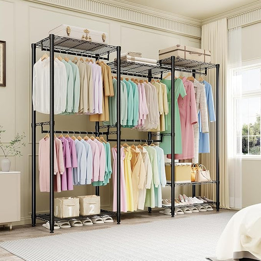 Portable Clothes Rack Heavy Duty Garment Rack, Large Freestanding Closet Wardrobe with Adjustable Shelves & 5 Hanging Rods, Closet Organizer and Storage for Bedroom Cloakroom, 76.5"H x 67.6"L x 15.5"W