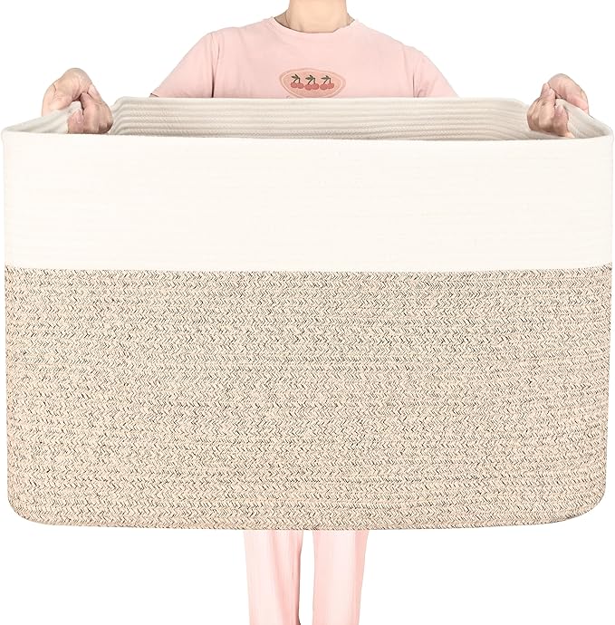 MINTWOOD Design 112L Extra Large Blanket Basket Holder Living Room, 25"x17"x16" Rectangle Rope Woven Storage Basket with Handles for Laundry, Pool Towels, Shoes, Dog Toy Organizer Bin Box, Light Brown