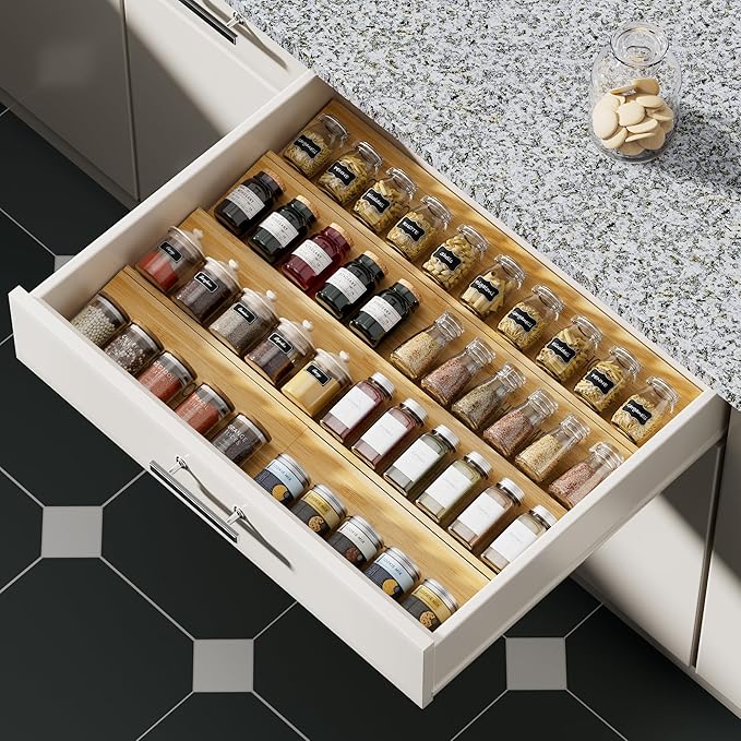 OHHLIHOME Bamboo Spice Drawer Organizer - 8 Pack 13"x4.7"x1.6" Spice Rack Tray - Spice Jars Drawers Insert - Seasoning Organizer for Drawers/Countertop (Jars not included)…