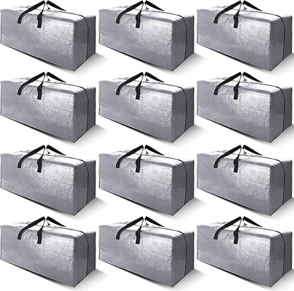 Cosy Family 12 Pack Heavy Duty Moving Bags with Backpack Straps - Strong Handles & Zippers, Storage Totes For Space Saving, Fold Flat, Alternative to Moving Box (X-Large-Set of 12, Silver)
