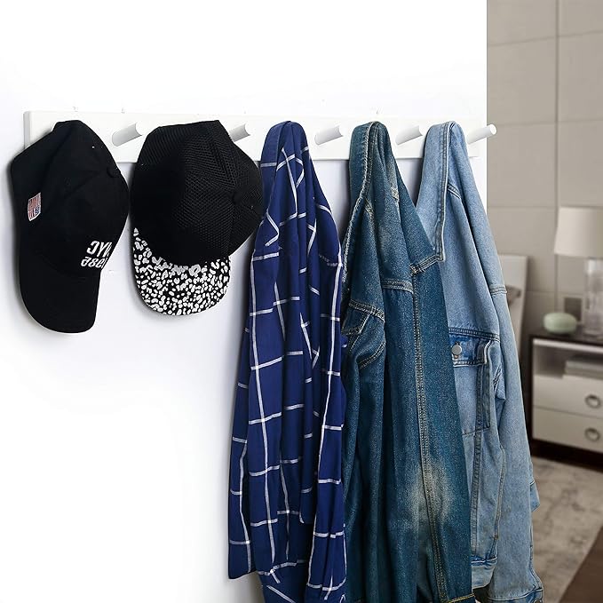 WEBI Coat Rack Wall Mounted,10 Hooks,38" Long Coat Hanger Wall Mount,Peg Rail Hat Hooks for Hanging Caps,Jacket,Clothes,Coats,White,2 Packs