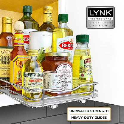 LYNK PROFESSIONAL® Pull Out Spice Rack Organizer for Inside Kitchen Cabinets - 8-3/8 inch Wide - Slide Out Drawer – Chrome Sliding Spice Cabinet Organization Shelf Racks - 1 Tier