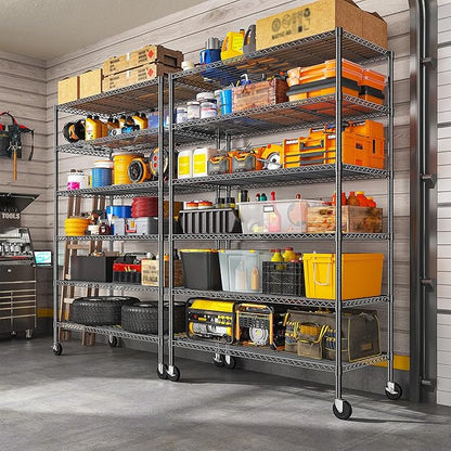 82" H X45 W X18 D Storage Shelves with Wheels, 6 Tier Wire Shelving Adjustable Metal Shelving Pantry Shelves Capacity 1200LBS for Garage Shelving, Pantry, Kitchen, Closet, Commercial, Black