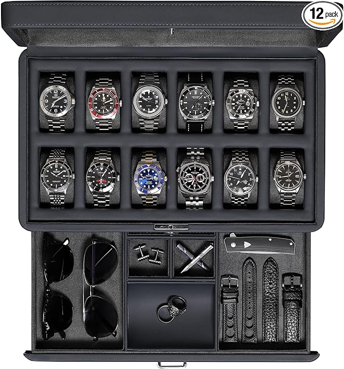 ROTHWELL Luxury Watch Box for 12 Watches – PU Leather Watch Box with Real Glass Lid – Slide out Accessory Drawer with Multiple Compartments (Carbon)