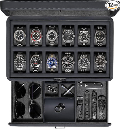 ROTHWELL Luxury Watch Box for 12 Watches – PU Leather Watch Box with Real Glass Lid – Slide out Accessory Drawer with Multiple Compartments (Carbon)