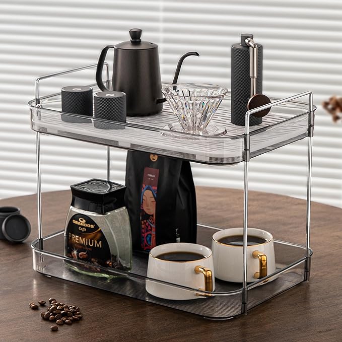 Coffee Bar Accessories, Station Organizers,Large Capacity Storage with Drain Board,Whisky Tray,Mug Tea Cup Holder Coffee Bar Organizer, Smoky Gray
