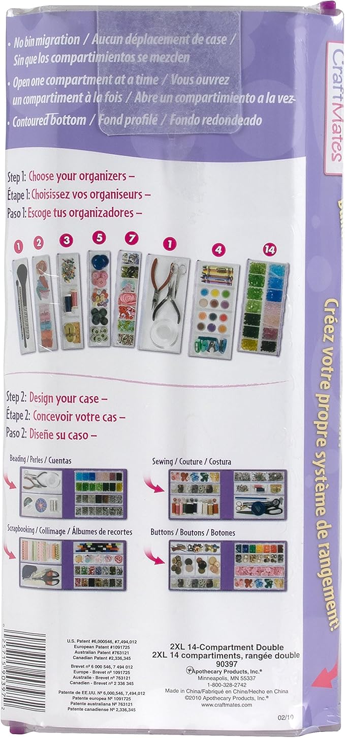 Craft Mates Bead Organizer and Plastic Storage Containers for Crafts, Buttons, Pins and More, 14 Locking Compartments, 2XL, Clear Lids