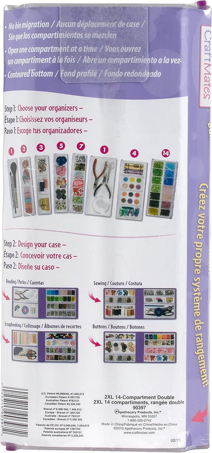 Craft Mates Bead Organizer and Plastic Storage Containers for Crafts, Buttons, Pins and More, 14 Locking Compartments, 2XL, Clear Lids