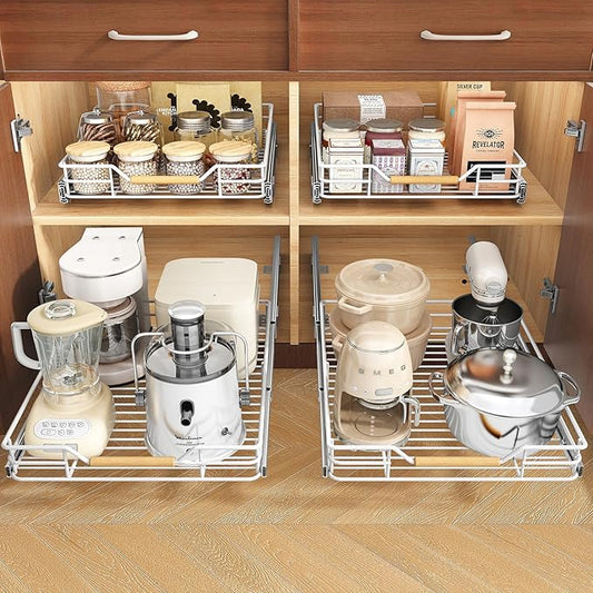Pull out Cabinet Organizer, 12"W X 21"D, Heavy Duty Smooth Sliding Under Cabinet Shelves for Pots and Pans, Full-Extension Roll out Drawers, Slide out Organization for Home Kitchen Pantry, White