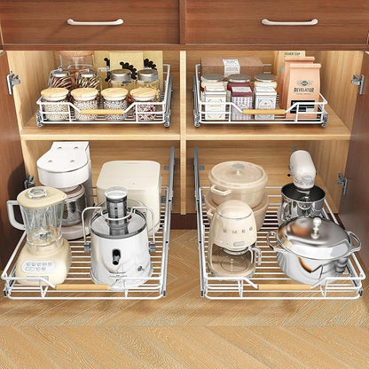 Pull out Cabinet Organizer, 18"W X 21"D, Heavy Duty Smooth Sliding Under Cabinet Shelves for Pots and Pans, Full-Extension Roll out Drawers, Slide out Organization for Home Kitchen Pantry, White