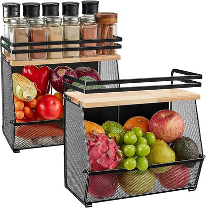 Imncya 2 Pack Magnetic Shelf for Fridge with Wood Lid, Large Container Magnetic Fruit Basket Spice Rack, Potato Onion Storage Organizer Magnetics Shelves for Refrigerator, Kitchen Counter, Pantry