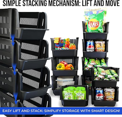 Skywin TidyFriend Stackable Storage Bins for Pantry - 4 Pack Large Stackable Bins for Organizing Food, Kitchen, and Bathroom Essentials (Black)
