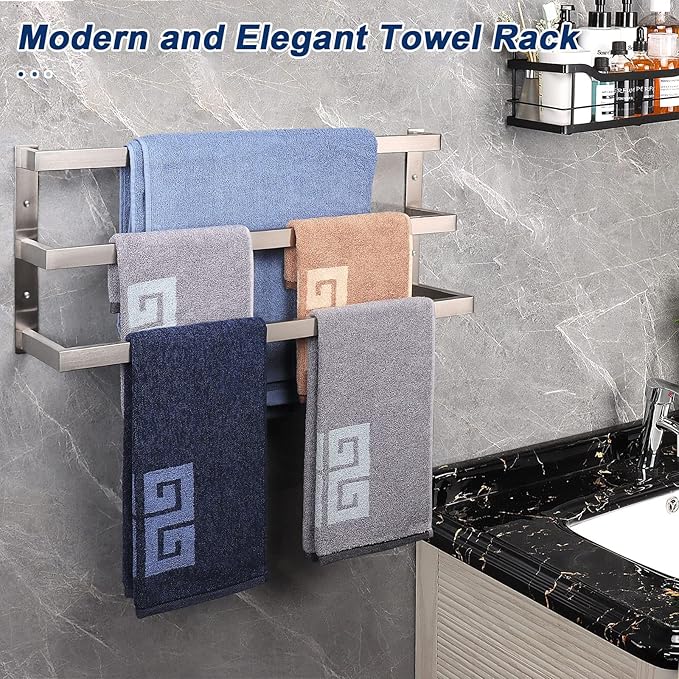 NearMoon Bathroom Towel Bar, Towel Rod Holder, Square Shelf Rack Hanging Towel for Bath, Thicken SUS304 Stainless Steel Towel Rack Wall Mounted-3-Tier Bath Accessories (24 Inch, Brushed Nickel)