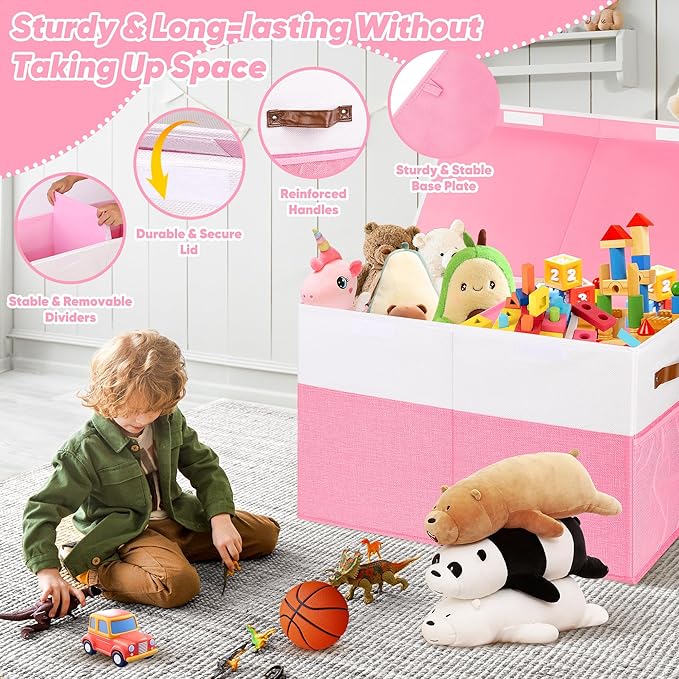 Large Toy Box, Collapsible Sturdy Storage Organize Chest Boxes With Lids, 25"x13"x16" Kids Toy Chest Bin Baskets for Living Room, Bedroom, Nursery, White & Pink