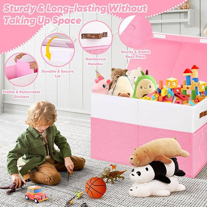 Large Toy Box, Collapsible Sturdy Storage Organize Chest Boxes With Lids, 25"x13"x16" Kids Toy Chest Bin Baskets for Living Room, Bedroom, Nursery, White & Pink
