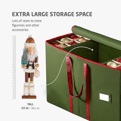 ZOBER Large Christmas Ornament Storage Box - Stores 80 3" Ornaments, With Dividers - With Large Compartment for Figurines, and Accessories, Durable Christmas Containers Holder, 4 Extra Pockets - Green