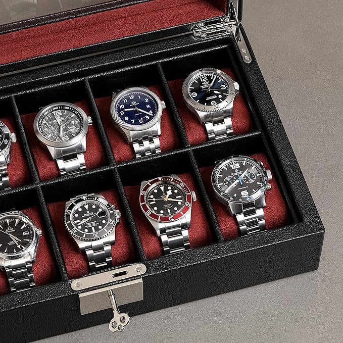 ROTHWELL 10 Slot Leather Watch Box - Luxury Case Display Jewelry Organizer - Locking Watch Display Case Holder with Large Glass Top - Box Organizer for Men and Women (Black/Red)