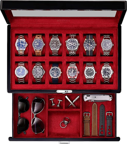 ROTHWELL 12-Slot Piano Black Watch Box with Valet Drawer - Premium Jewelry Display Case Organizer with Locking Glass Top and Microsuede Liner for Men & Women (Red Interior)