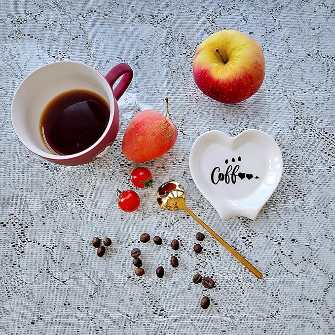 Heart-shaped Coffee Spoon Rest, Mini Coffee Spoon Holder, Coffee Stirrers, Teaspoon, Bar Spoon Rest, Coffee Bar Accessories (Ture white+Gold Spoon)