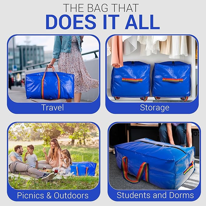 XL Moving Bags - 4 Pack Blue Storage Tote, Heavy-Duty Zipper, Colorful Carrying Handles,Versatile for Dorm, Packing, Storing, Organizing, Clothes, Blankets, Toys. Moving Boxes for Space Saving.