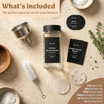 Glass Spice Jars with Labels (24 x 4oz) Spice Containers with 240 Labels, Shaker Inserts, Funnel, Empty Square Empty Square Seasoning Organizer (Black Lids)