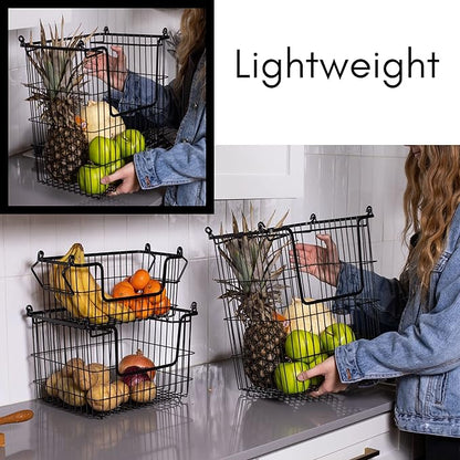 BIRDROCK HOME 3pc Stackable Wire Storage Bins - Fruit Vegetable Organizer - Modern Farmhouse - Pantry Cabinet - Metal Bin for Kitchen Countertop - Bathroom Storage - Black