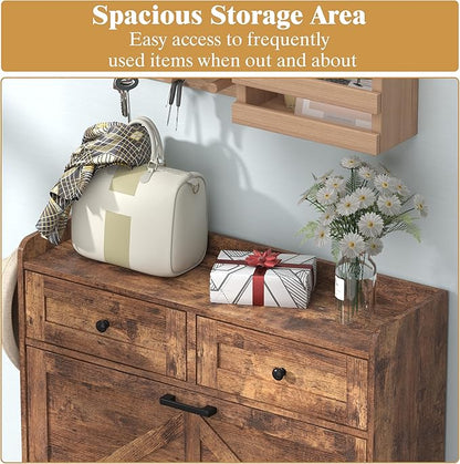 Shoe Cabinet with 2 Flip Drawers & 2 Storage Drawers, Rustic Farmhouse Narrow Shoe Organizer Cabinet, Slim Shoe Rack Cabinet, Shoe Storage Cabinet for Entryway, Hallway, Front Door