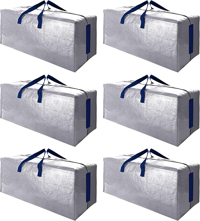 SWEET DOLPHIN 6 Pack Extra Large Moving Bags with Strong Zippers & Carrying Handles, Heavy Duty Storage Tote for Space Saving Moving Storage, Fold Flat, Alternative to Moving Box (Silver)
